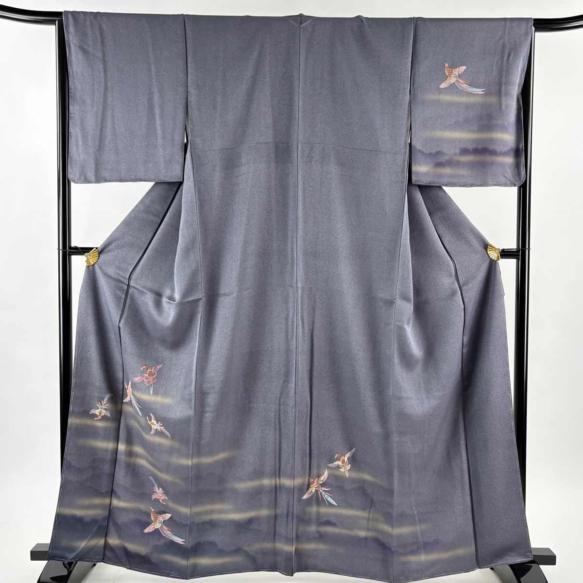  付下げ 身丈163.5 cm 裄丈66 M 袷 袋帯セット 鳥 霞 相良刺繍 金彩 灰紫 正絹 訪問着 付け下げ 着物