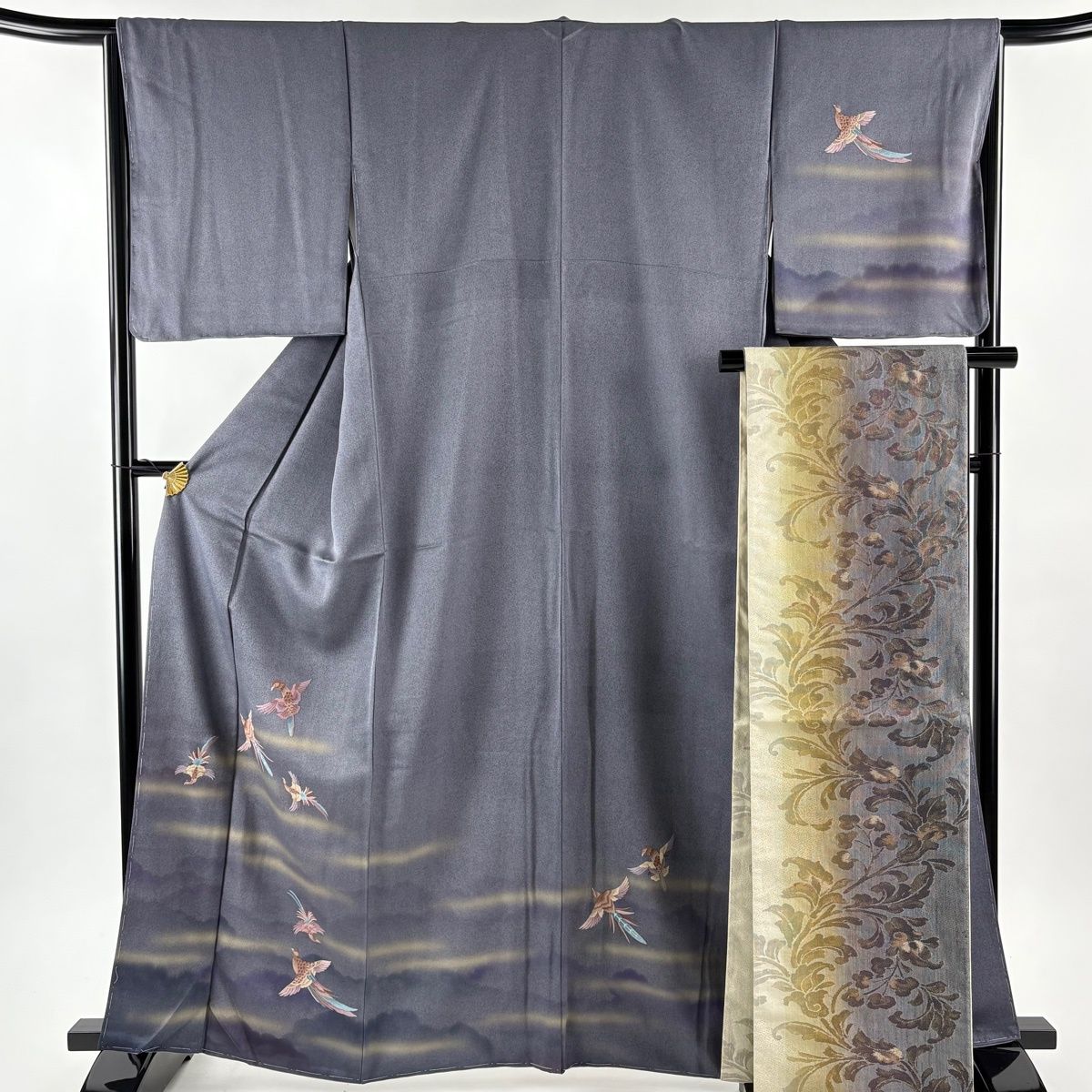 付下げ 身丈163 5 cm 裄丈66 M 袷 袋帯セット 鳥 霞 相良刺繍 金彩 灰紫 正絹
