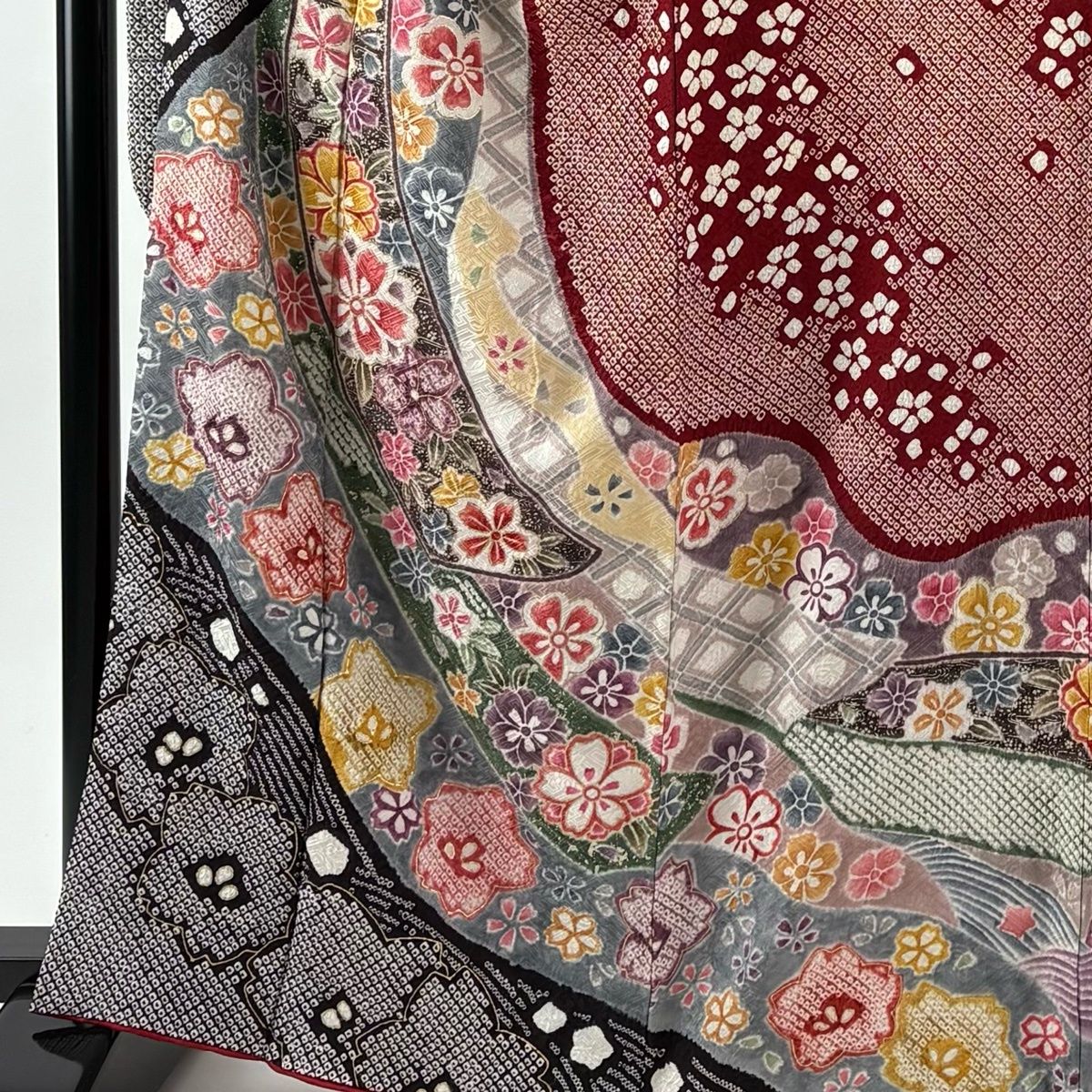 振袖 身丈165 cm 裄丈66.5 M 袷 袋帯フルセット 桜 熨斗 絞り 金銀彩 えんじ色 正絹