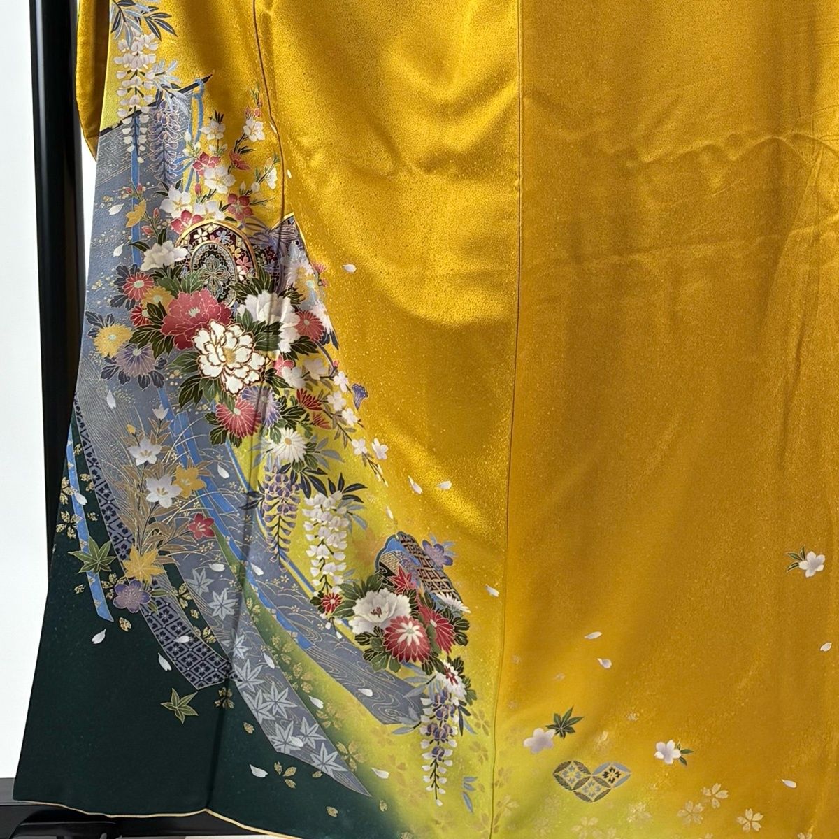 振袖 身丈160.5 cm 裄丈66 M 袷 袋帯フルセット 鼓 牡丹 金糸 金彩 山吹色 正絹 秀品