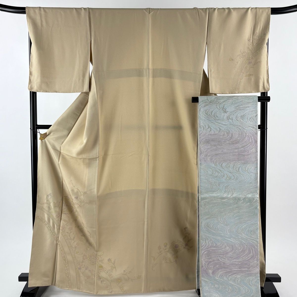 付下げ 身丈167 cm 裄丈68 5 L 袷 袋帯セット 華文 花唐草 刺繍 ベージュ 正絹 秀品