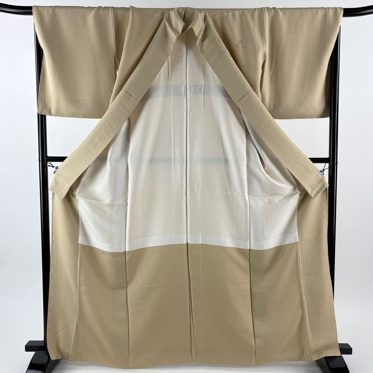  付下げ 身丈167 cm 裄丈68 5 L 袷 袋帯セット 華文 花唐草 刺繍 ベージュ 正絹 秀品 訪問着 付け下げ 着物