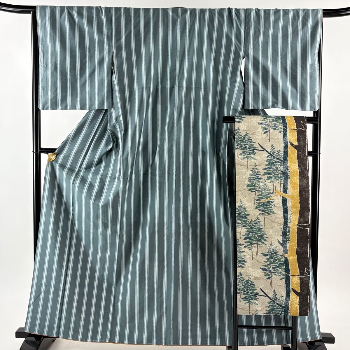 紬 身丈162 cm 裄丈67 M 袷 名古屋帯セット 縦縞 水色 正絹 秀品