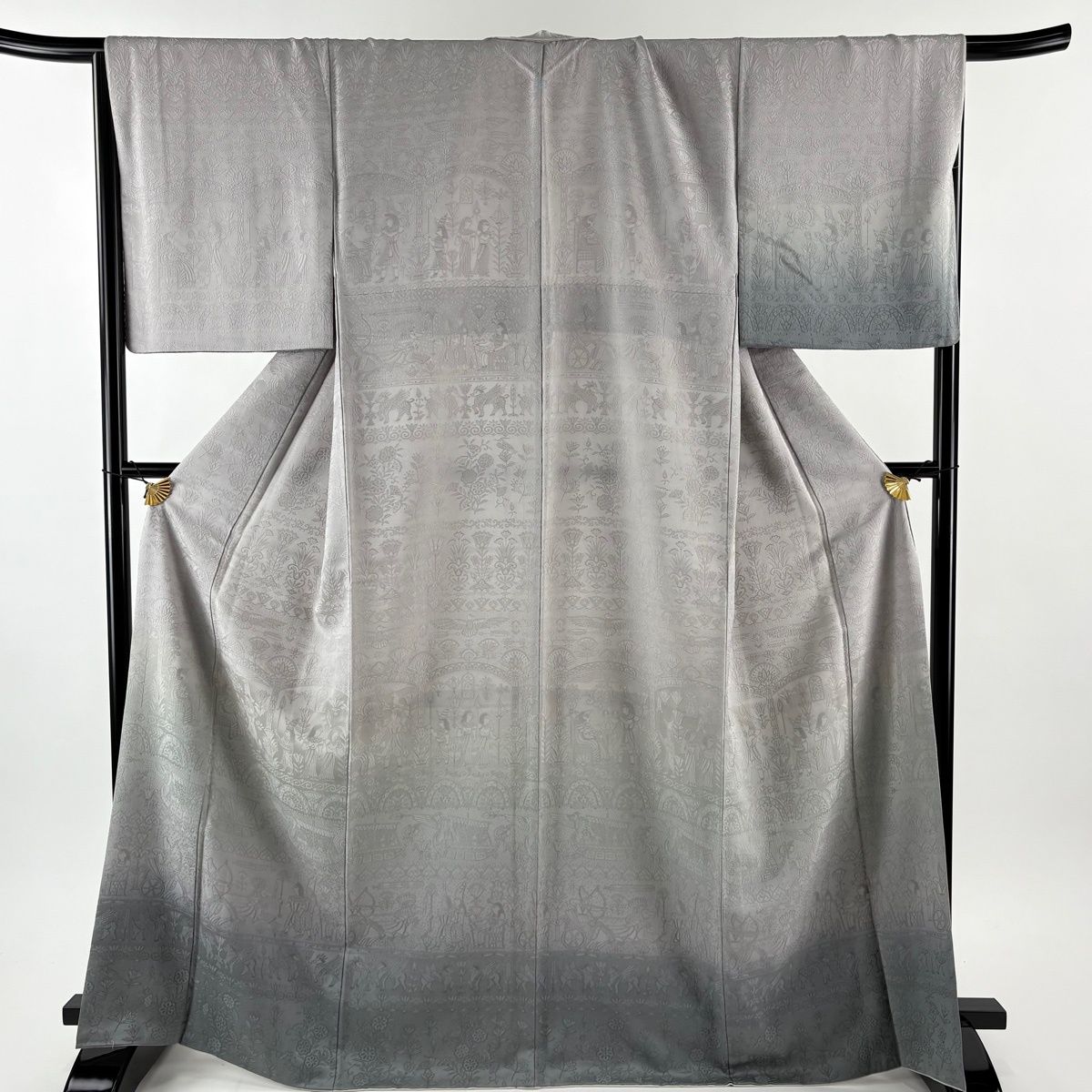 付下げ 身丈168.5cm 裄丈68.5cm L 袷 袋帯セット コプト柄 草花 灰色