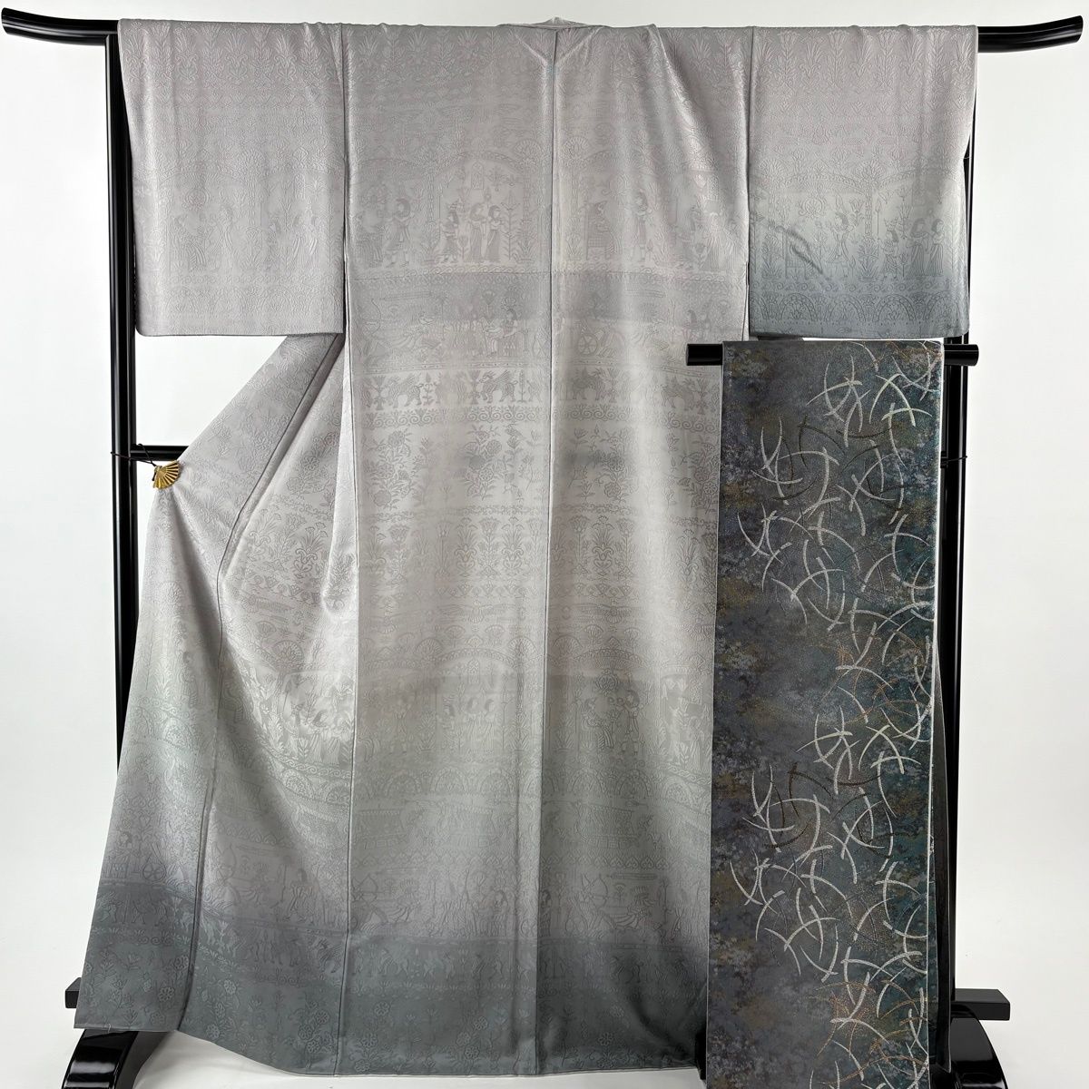 付下げ 身丈168.5 cm 裄丈68.5 L 袷 袋帯セット コプト柄 草花 灰色 正絹 秀品 一つ紋