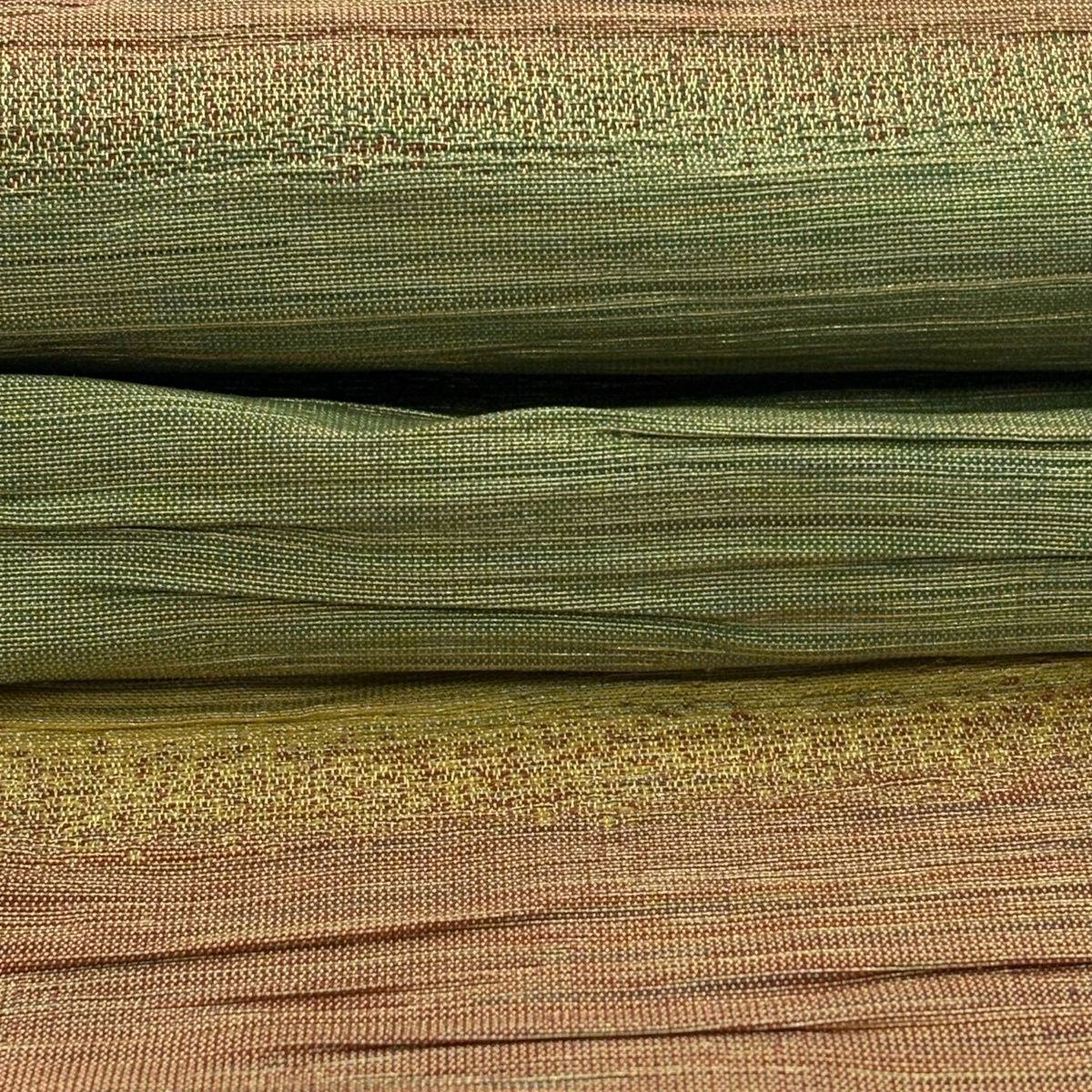  半幅帯 証紙 小森久 本場筑前博多織 段縞 草木染 よもぎ色 正絹 半巾 半幅 小袋帯 帯