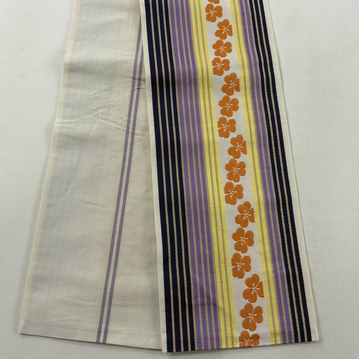 半幅帯 証紙 本場筑前博多織 カタバミ 縞 灰白 正絹