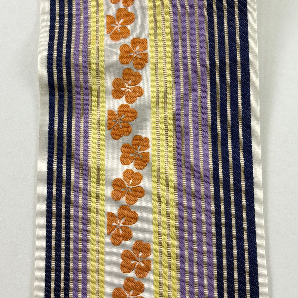  半幅帯 証紙 本場筑前博多織 カタバミ 縞 灰白 正絹 半巾 半幅 小袋帯 帯