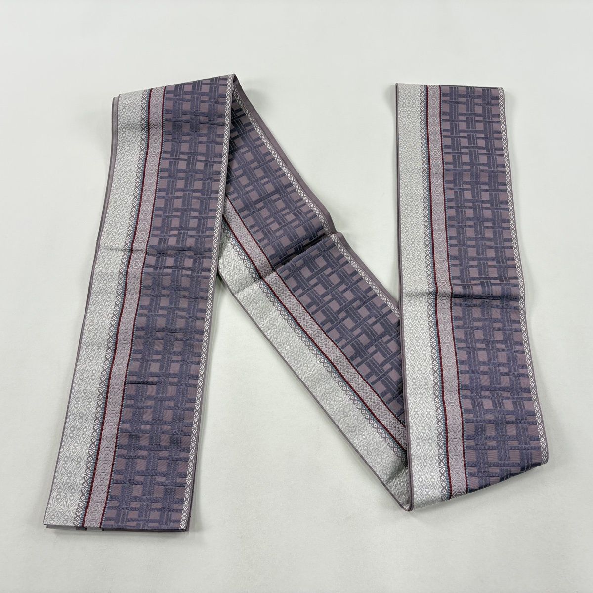  半幅帯 証紙 幾何学模様 献上柄 本場筑前博多織 薄紫 正絹 半巾 半幅 小袋帯 帯