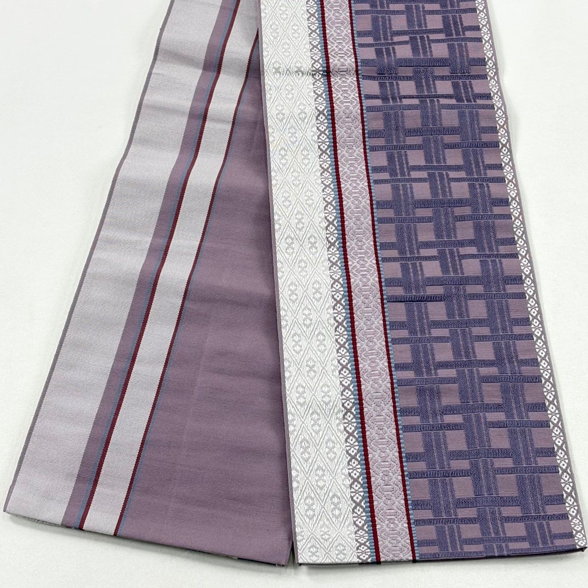 半幅帯 証紙 幾何学模様 献上柄 本場筑前博多織 薄紫 正絹