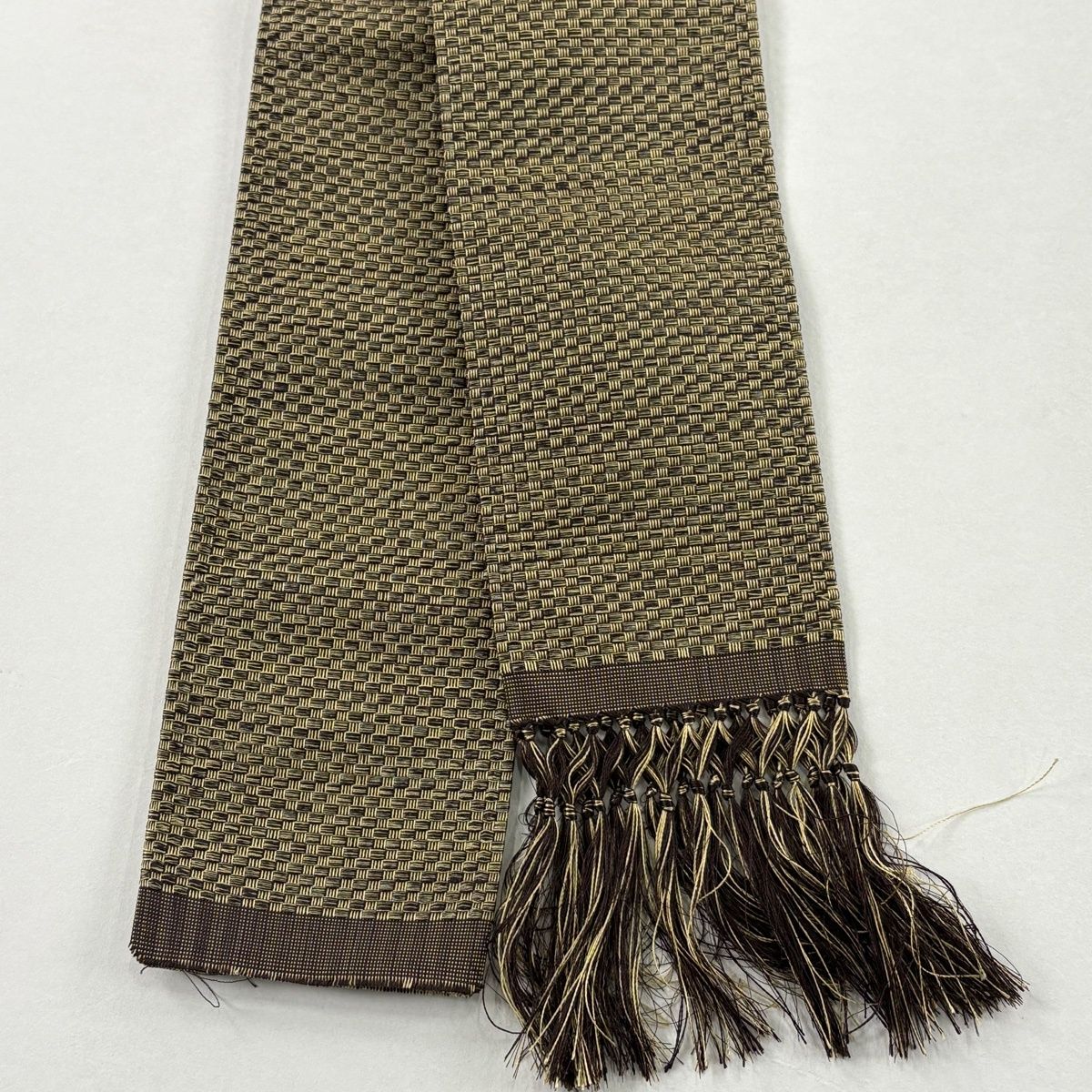 角帯 秀品 証紙 本場筑前博多織 幾何学模様 茶緑色 正絹