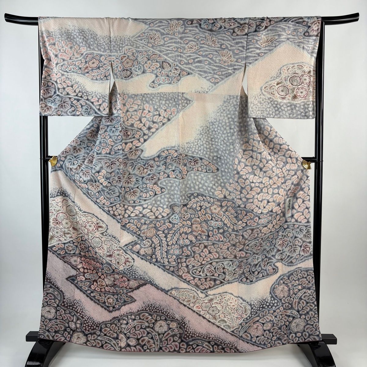 訪問着 身丈164 cm 裄丈67 M 袷 京屋林蔵 落款 辻が花 薄ピンク 正絹