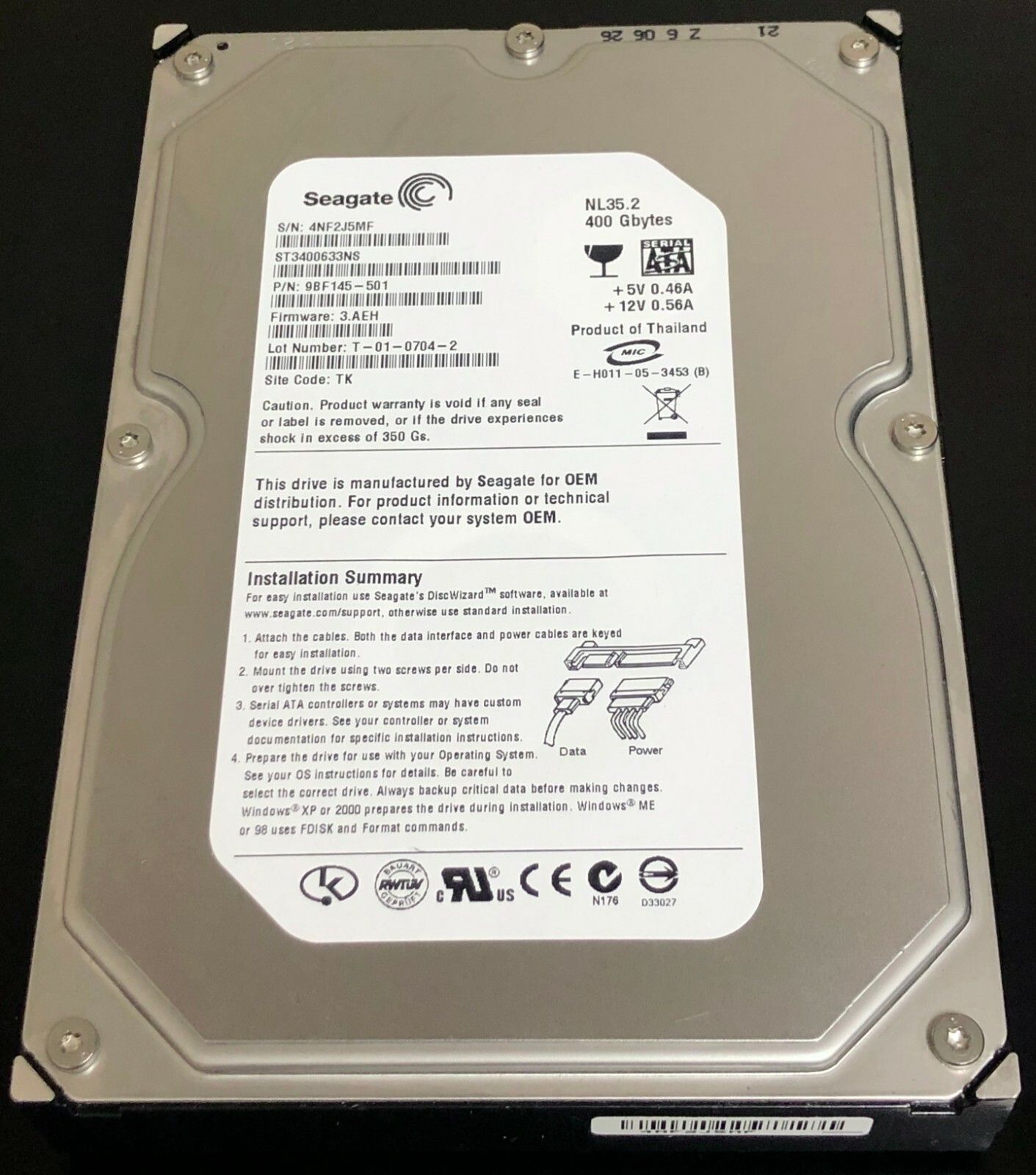 90日保証 再生品 Seagate 400 GB 7.2 K SATA 3.5 Hard Drive Enterprise Server HDD