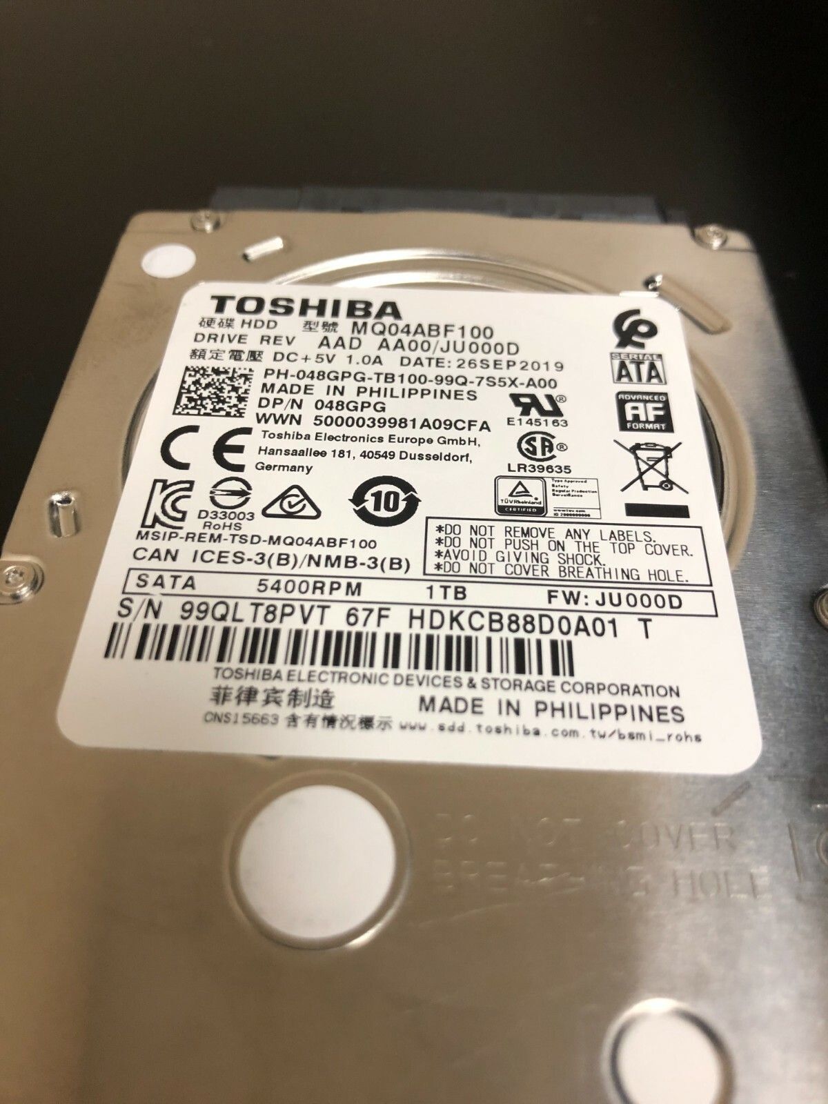 90日保証 再生品 DELL 48 GPG Toshiba 1 TB 5400 RPM SATA 7 mm 2 5 Internal Hard Drive