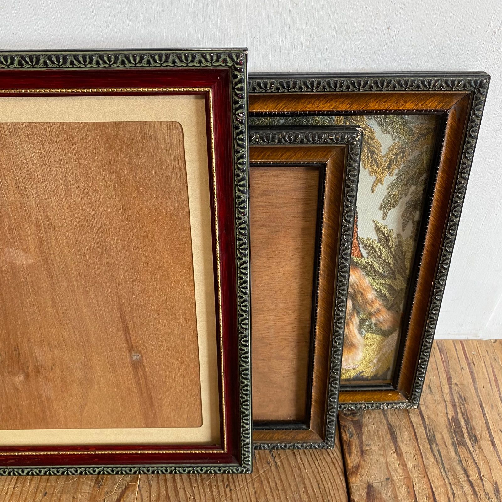 アンティーク 木製 額縁 3点セット 刺繍絵 古道具 フレーム