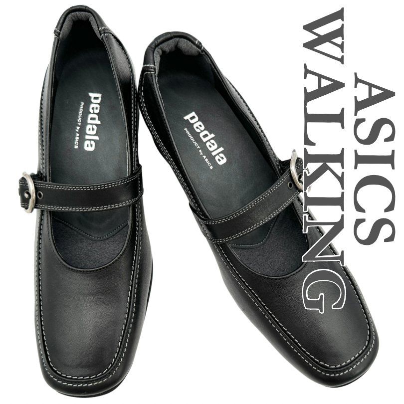 ASICS WALKING パンプス 本革 ベルト ステッチ ブラック 1974 T