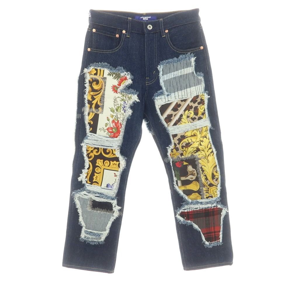 ジュンヤワタナベ マン JUNYA WATANABE MAN 春夏 シルクスカーフ パッチワーク デニムパンツ ジーンズ ネイビー サイズXS メンズ