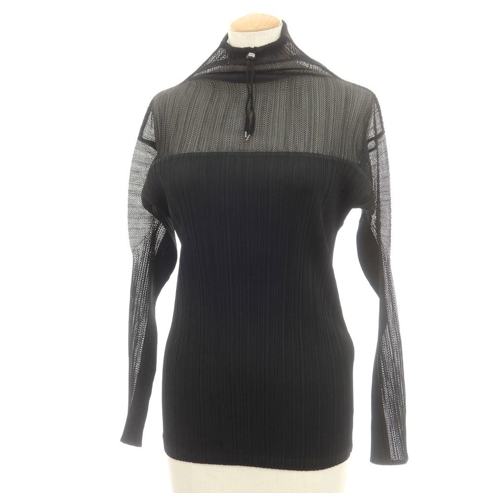 プリーツプリーズ PLEATS PLEASE ポリエステル メッシュ切り替え プリーツ 長袖カットソー ブラウス ブラック サイズ3 レディース