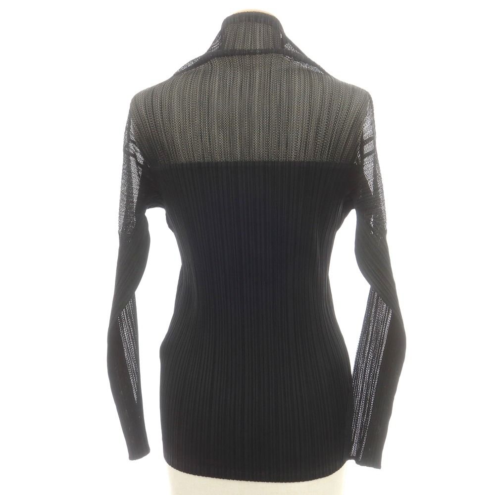 プリーツプリーズ PLEATS PLEASE ポリエステル メッシュ切り替え プリーツ 長袖カットソー ブラウス ブラック サイズ3 レディース