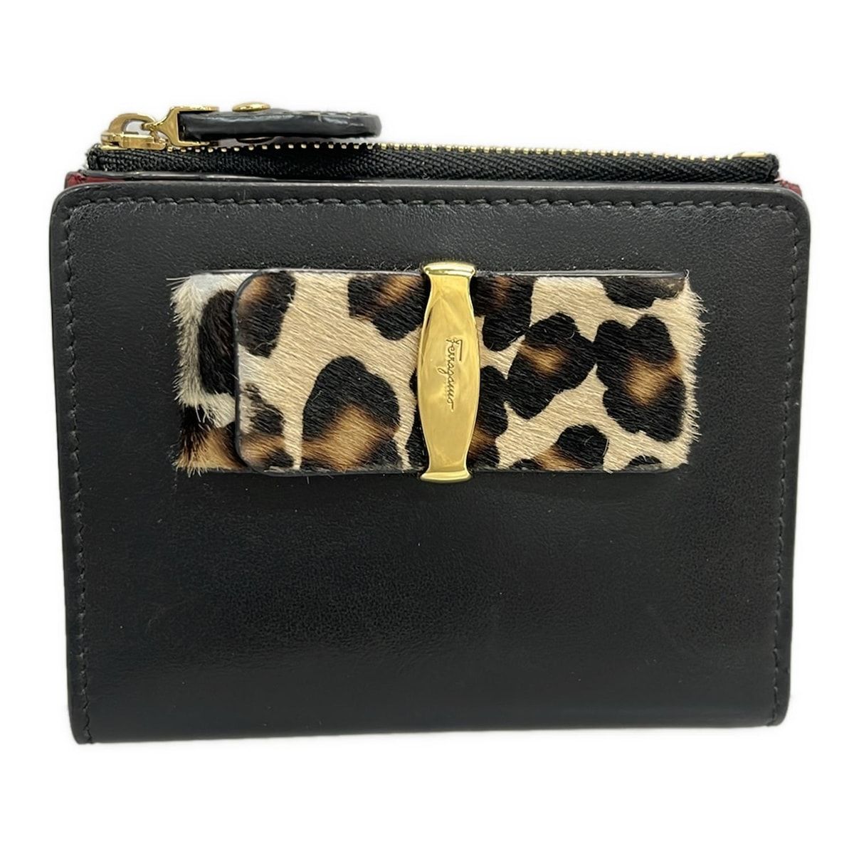 FERRAGAMO SalvatoreFerragamo サルバトーレフェラガモ コインケース ヴァラ 黒×ベージュ×ブラウン ヒョウ柄 レザー