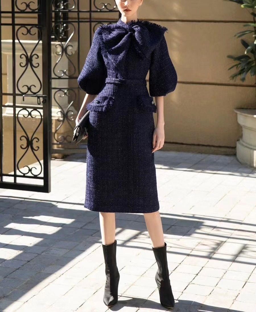 ネイビー ワンピース ツイード 結婚式 お呼ばれ パーティードレス リボン フォーマル オケージョン