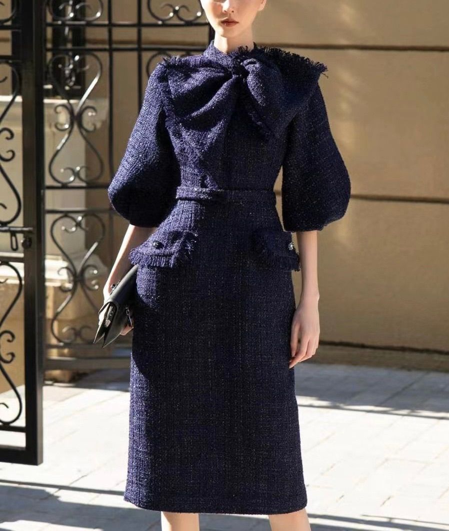 ネイビー ワンピース ツイード 結婚式 お呼ばれ パーティードレス リボン フォーマル オケージョン