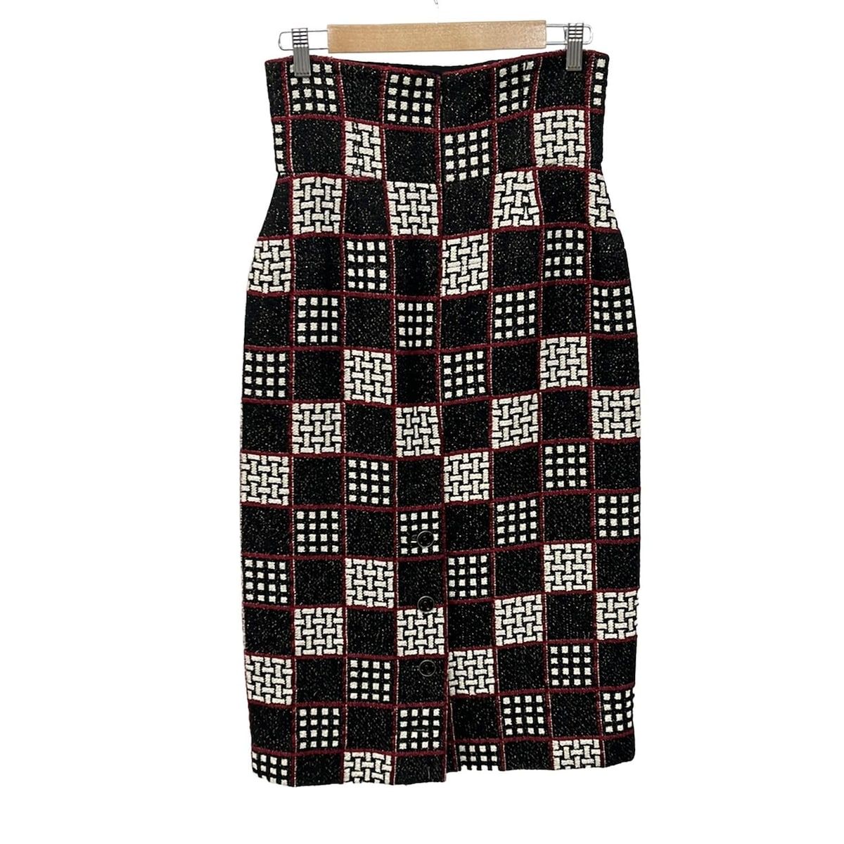 CHANEL シャネル ロングスカート サイズ38 M レディース - P 32102 黒×レッド×マルチ ツイード ボタン