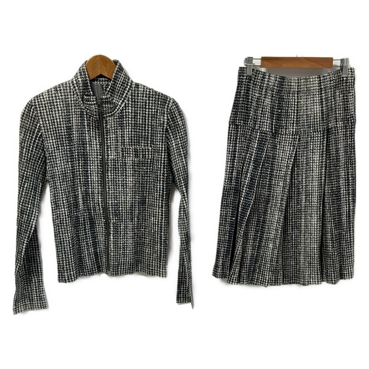 PLEATS PLEASE プリーツプリーズ スカートセットアップ レディース 白 ダークグレー 肩パッド ジップアップ 総柄 プリーツ