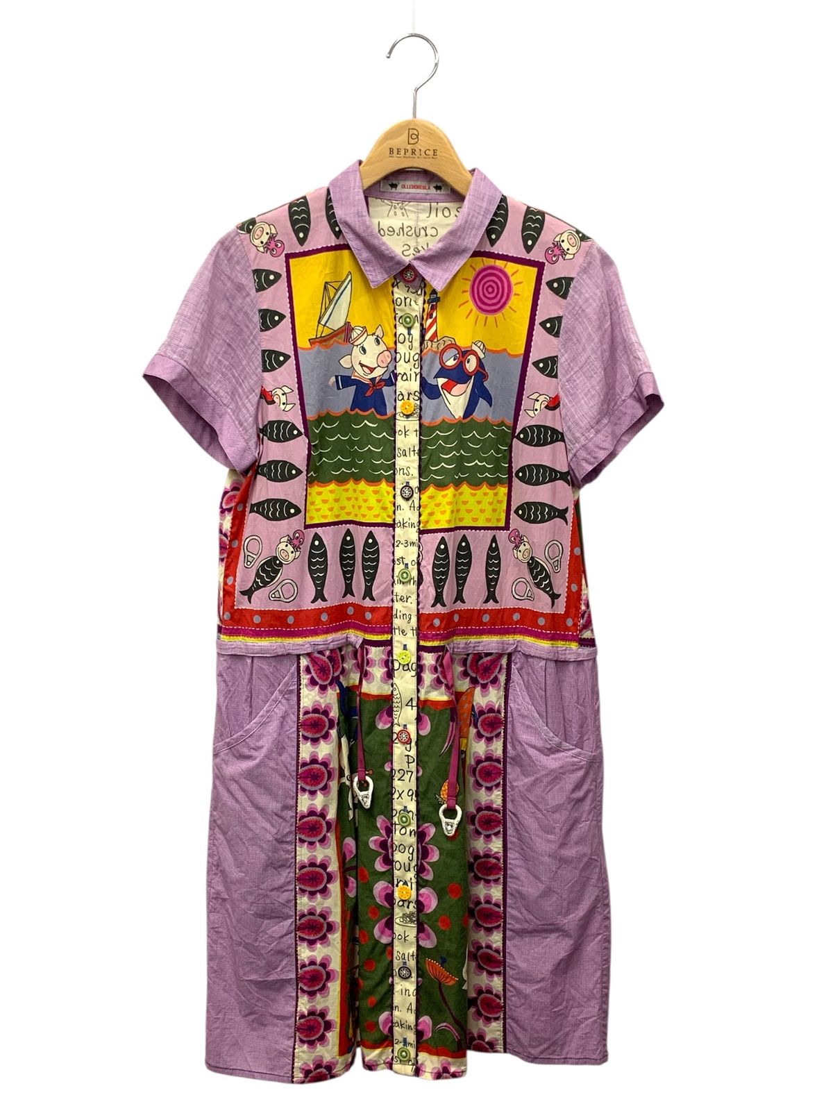 アルベロベロ 215975 シャツワンピース パープル ブタ 魚 イルカ フルーツボタン