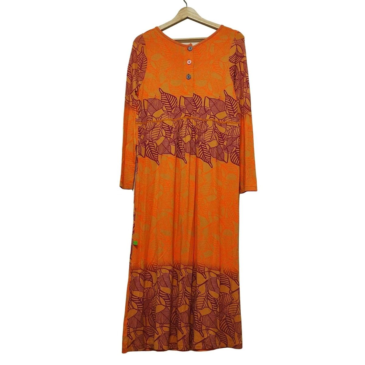 ホォアナ デ アルコ ワンピース サイズ1 S レディース - オレンジ×パープル×マルチ クルーネック 長袖 ロング リーフ柄