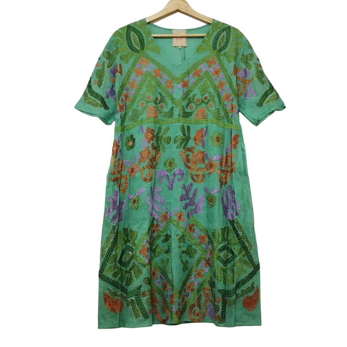 Sybilla シビラ ワンピース サイズL レディース ライトグリーン オレンジ マルチ Vネック 七分袖 ひざ丈 刺繍