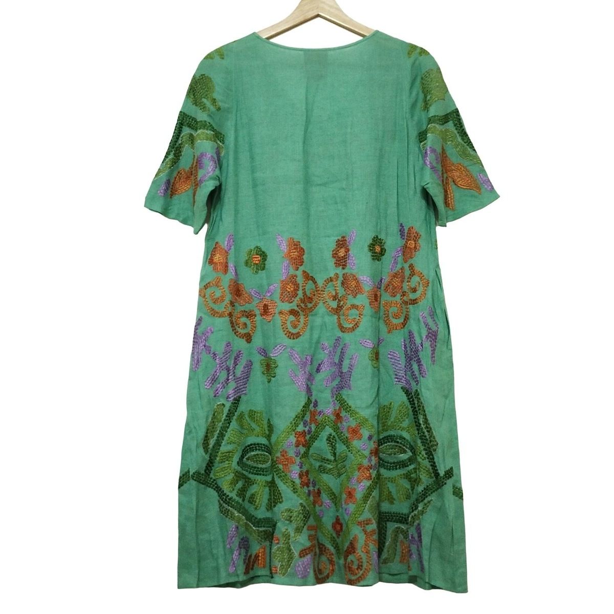 Sybilla シビラ ワンピース サイズL レディース - ライトグリーン×オレンジ×マルチ Vネック 七分袖 ひざ丈 刺繍