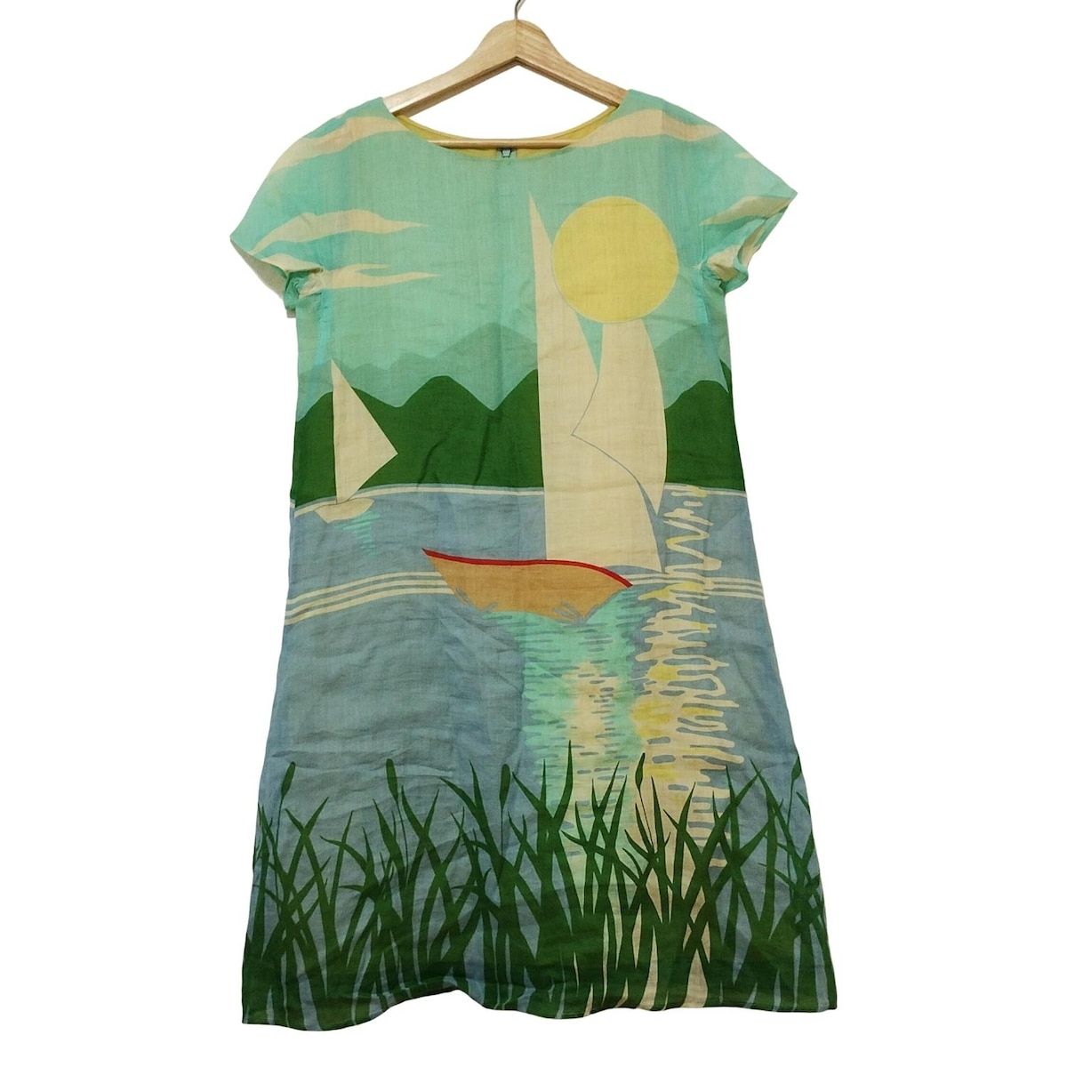 Sybilla シビラ ワンピース サイズL レディース - ライトブルー×グリーン×マルチ クルーネック 半袖 ひざ丈 麻