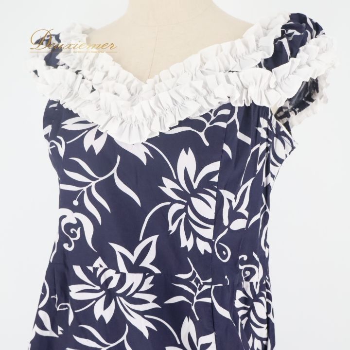 フラダンス 衣装 ワンピース ドレス ネイビー系 プリンセスカイウラニ ハワイ製 ハワイアンプリント アロハ レッスン 練習 Princess Kaiulani フラ ダンス ホワイト系 紺 白 フリル ノースリーブ かわいい おしゃれ 上品 大人っぽい