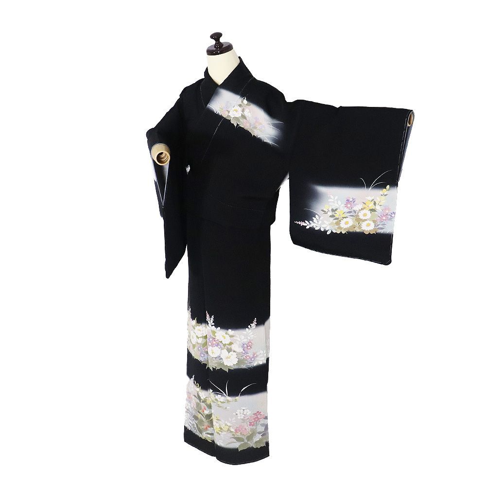 訪問着 袷 正絹 黒 水色 ピンク 横縞 暈し 濡れ描き 牡丹 月下美人 コスモス 撫子 菫 草花 Mサイズ ki 31464 フォーマル