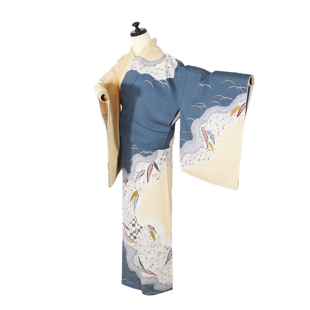 中村乃武夫氏作 訪問着 袷 正絹 オレンジ 濃い緑 薄グレー 辻が花 笹