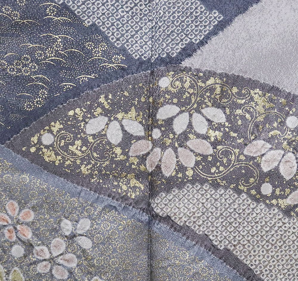  絞り訪問着 袷 正絹 薄グレー グレー グレー紫 絞り 花流水 菱文 菊 梅 笹 鹿の子 金箔 小菊 Lサイズ ki 31466 訪問着 付け下げ 着物