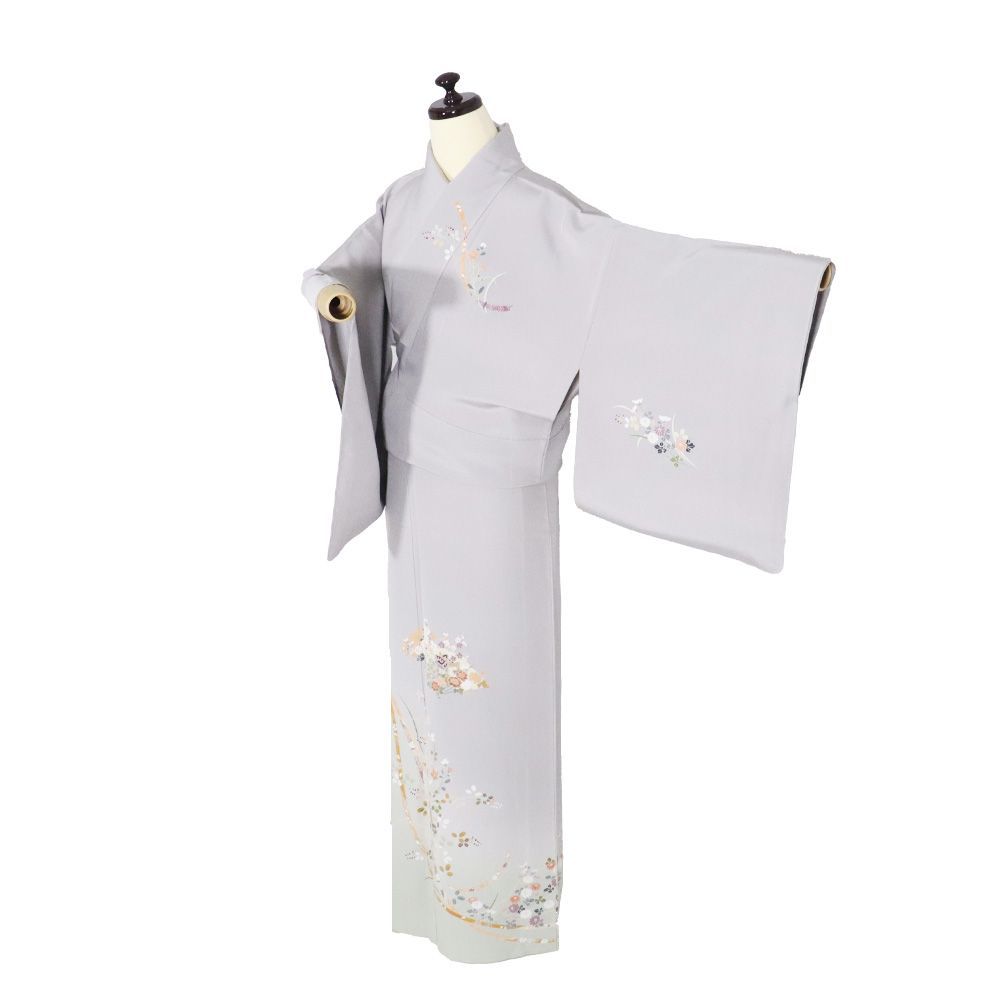 訪問着 袷 正絹 グレー 薄緑 暈し 檜扇 熨斗文 松竹梅 桜 菊 南天 牡丹 撫子 御所車 15号 Mサイズ ki 31467 フォーマル