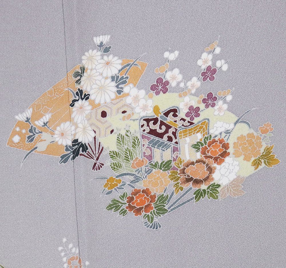 訪問着 袷 正絹 グレー 薄緑 暈し 檜扇 熨斗文 松竹梅 桜 菊 南天 牡丹