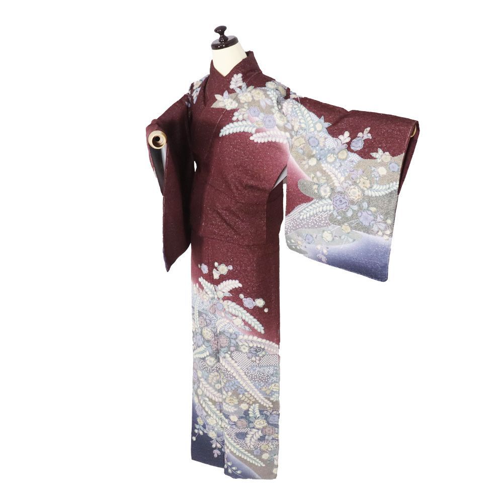 辻が花訪問着 袷 正絹 赤紫 薄緑 濃い緑 暈し 銀糸通し 絞り 辻が花 トールサイズ ki 31468 レディース フォーマル