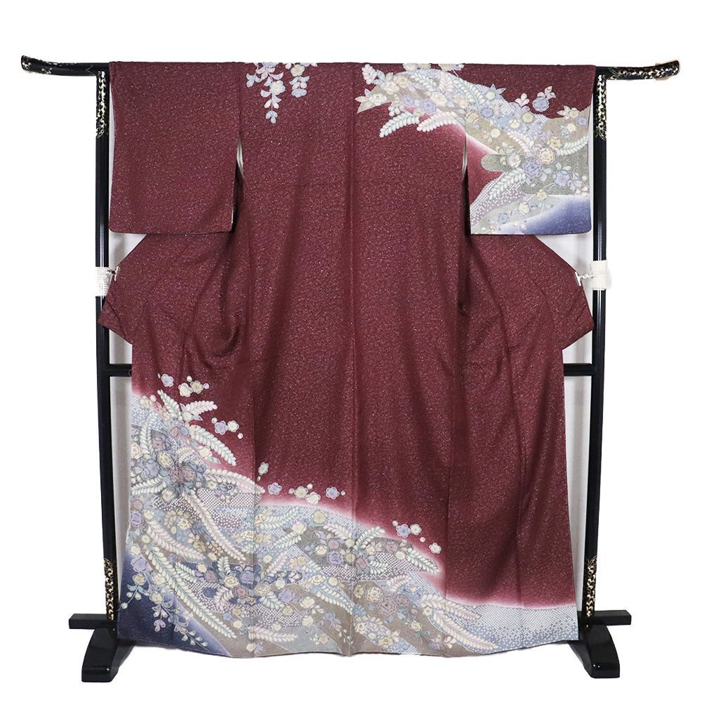  辻が花訪問着 袷 正絹 赤紫 薄緑 濃い緑 暈し 銀糸通し 絞り 辻が花 トールサイズ ki 31468 レディース フォーマル 訪問着 付け下げ 着物