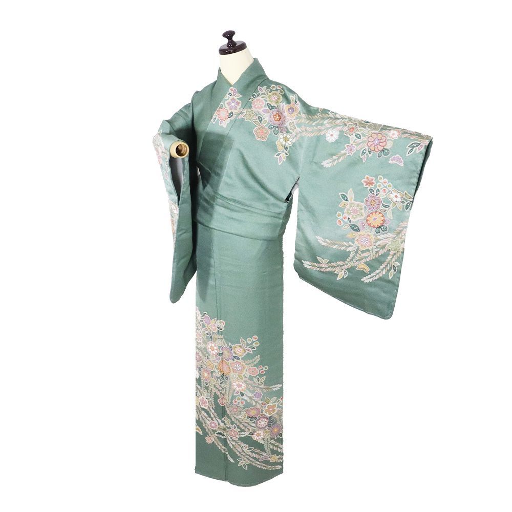 辻が花訪問着 袷 正絹 緑 黄緑 暈し 一部絞り 辻が花 唐花 松竹梅 トールサイズ ki 31469 レディース シルク フォーマル