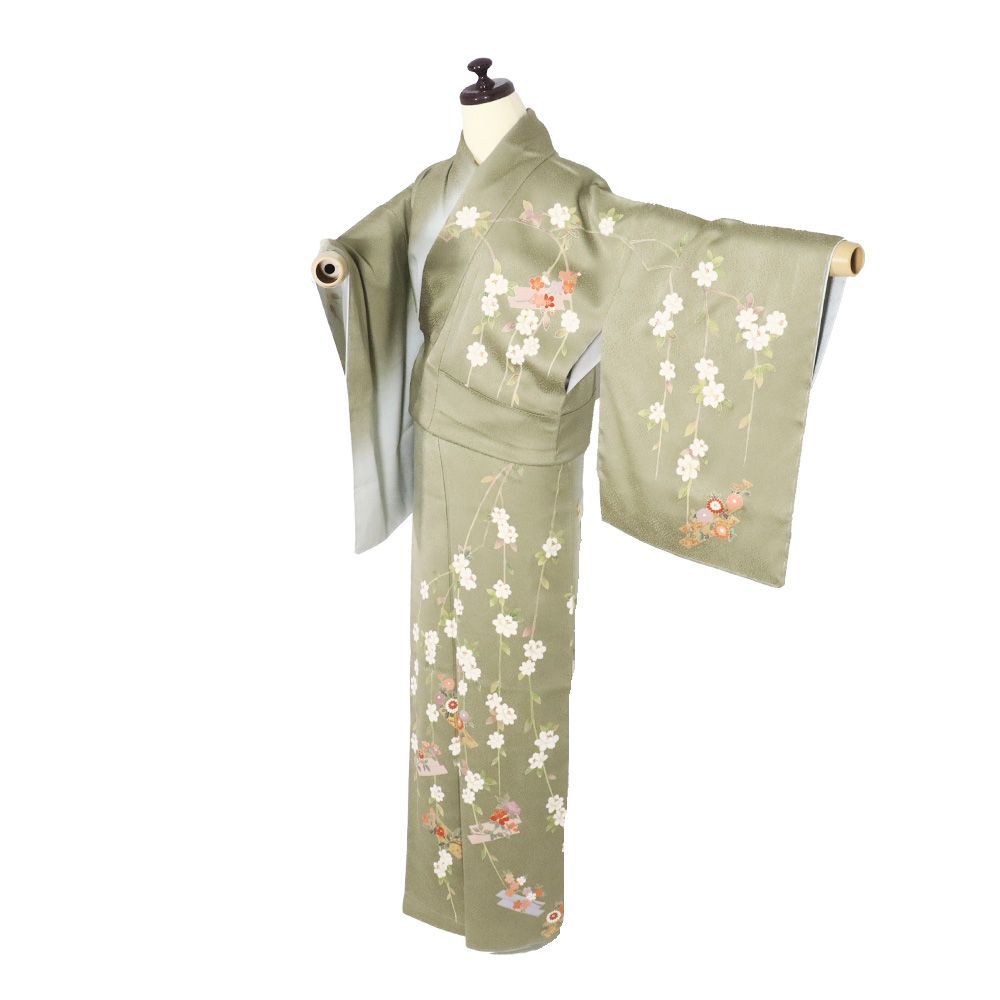訪問着 袷 正絹 緑 ライトグレー 暈し 枝垂れ桜 花筏 梅 菊 橘 桜 撫子 桔梗 Lサイズ ki 31470 レディース フォーマル