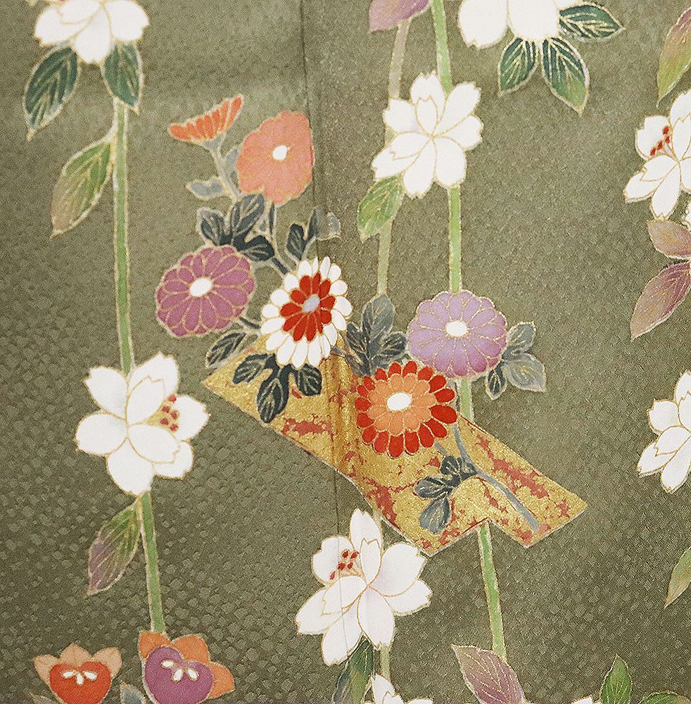 訪問着 袷 正絹 緑 ライトグレー 暈し 枝垂れ桜 花筏 梅 菊 橘 桜 撫子