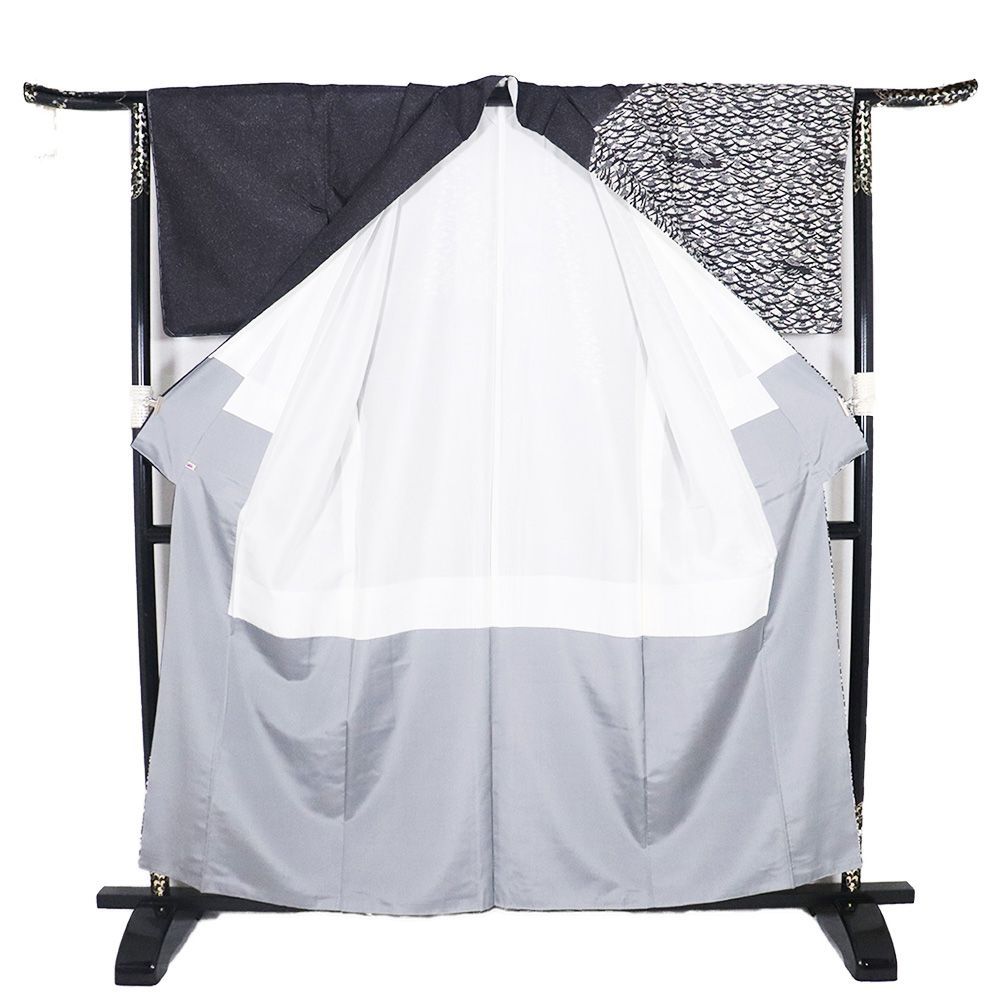 川村久太郎 染大島紬 訪問着 袷 正絹 墨黒 グレー紫 オフホワイト 黒