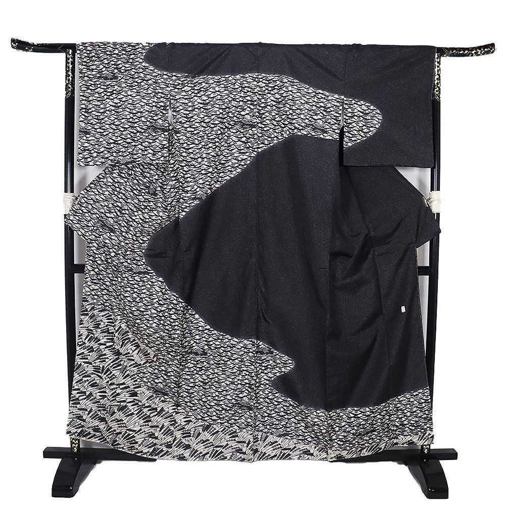 川村久太郎 染大島紬 訪問着 袷 正絹 墨黒 グレー紫 オフホワイト 黒