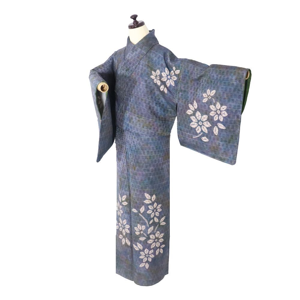 漢方薬染 紬 訪問着 袷 正絹 グレー紫 緑 暈し 絞り 花 20号 Mサイズ
