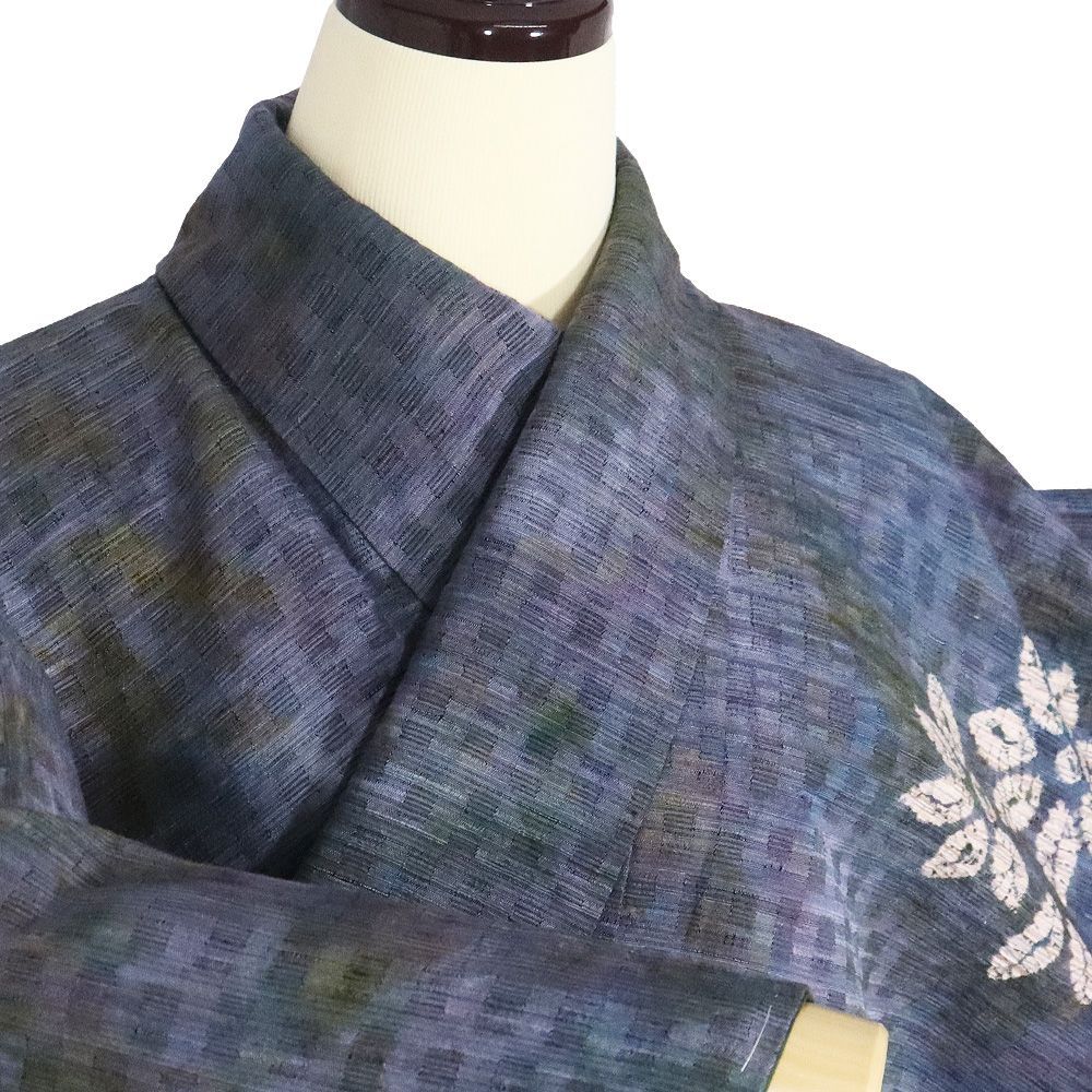 漢方薬染 紬 訪問着 袷 正絹 グレー紫 緑 暈し 絞り 花 20号 Mサイズ