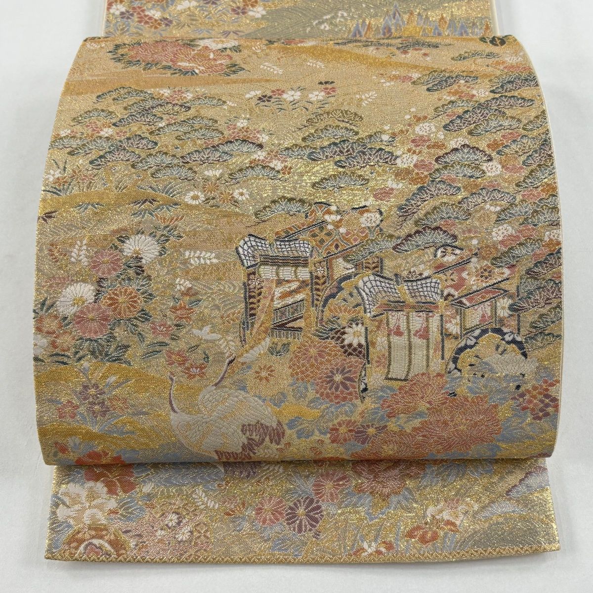 袋帯 秀品 御所車 松 箔 金色 六通 正絹