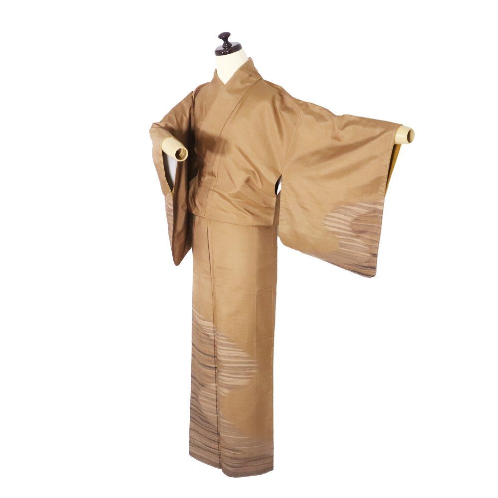 聚楽謹製 柿渋染 紬 訪問着 袷 正絹 茶色 横縞 流水 Mサイズ ki 31475 レディース シルク ギフト 30代 40代 50代